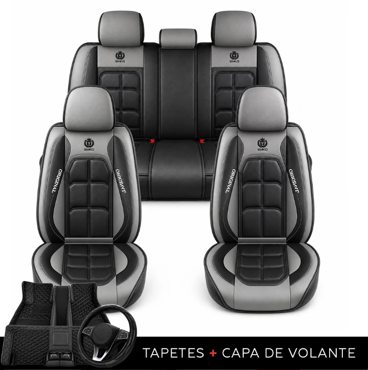Kit de Capas para Banco de Carro em Couro | 5 Lugares Com Airbag + Tapetes e Capa de Volante