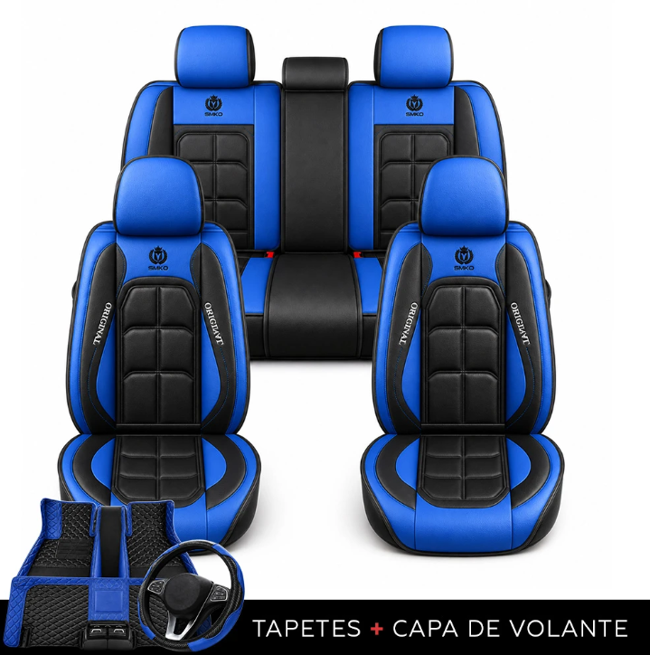Kit de Capas para Banco de Carro em Couro | 5 Lugares Com Airbag + Tapetes e Capa de Volante