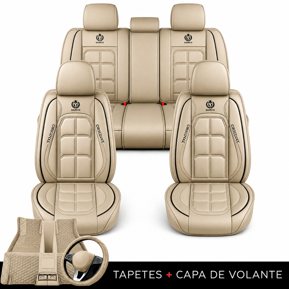 Kit de Capas para Banco de Carro em Couro | 5 Lugares Com Airbag + Tapetes e Capa de Volante