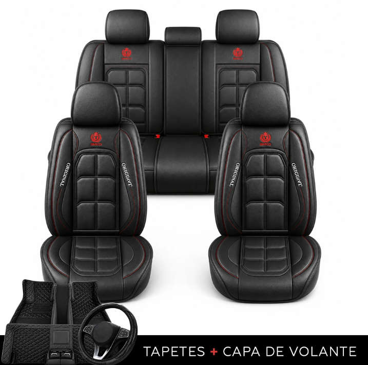 Kit de Capas para Banco de Carro em Couro | 5 Lugares Com Airbag + Tapetes e Capa de Volante