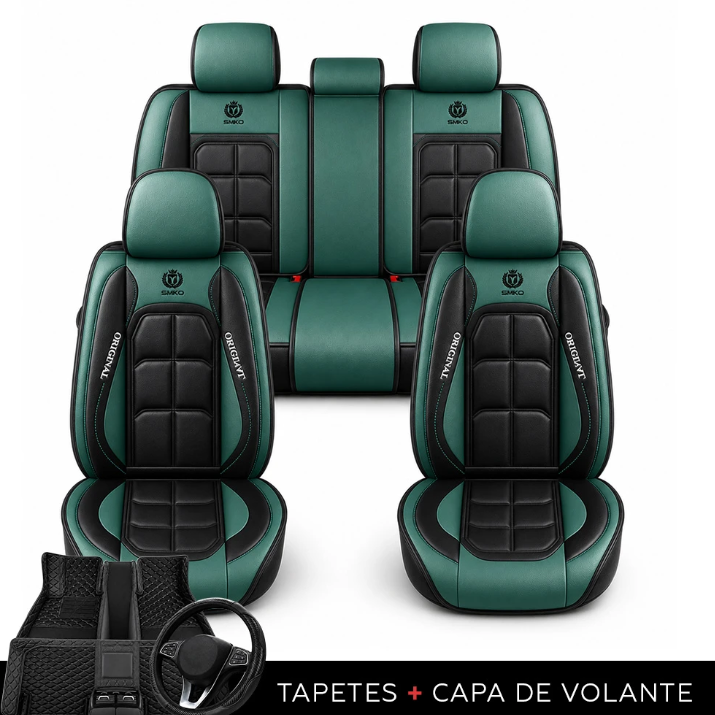 Kit de Capas para Banco de Carro em Couro | 5 Lugares Com Airbag + Tapetes e Capa de Volante