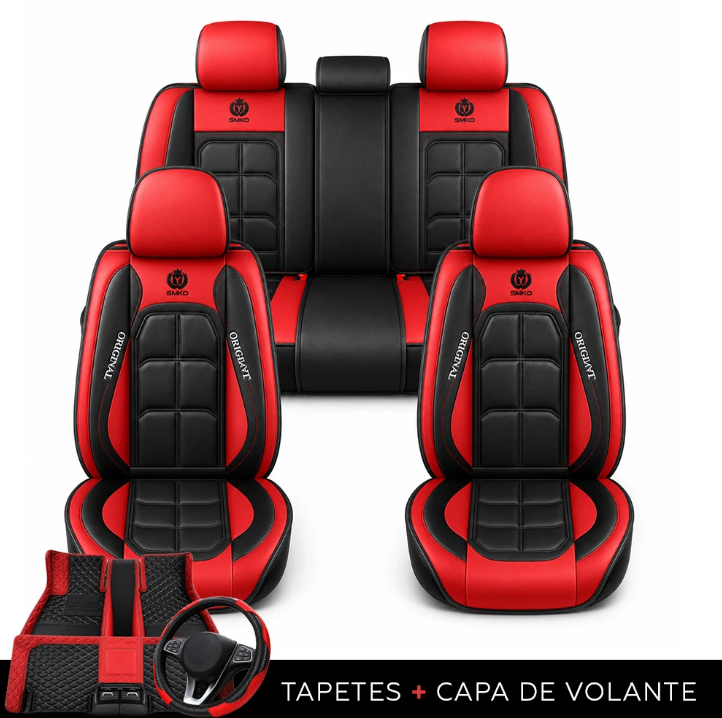 Kit de Capas para Banco de Carro em Couro | 5 Lugares Com Airbag + Tapetes e Capa de Volante